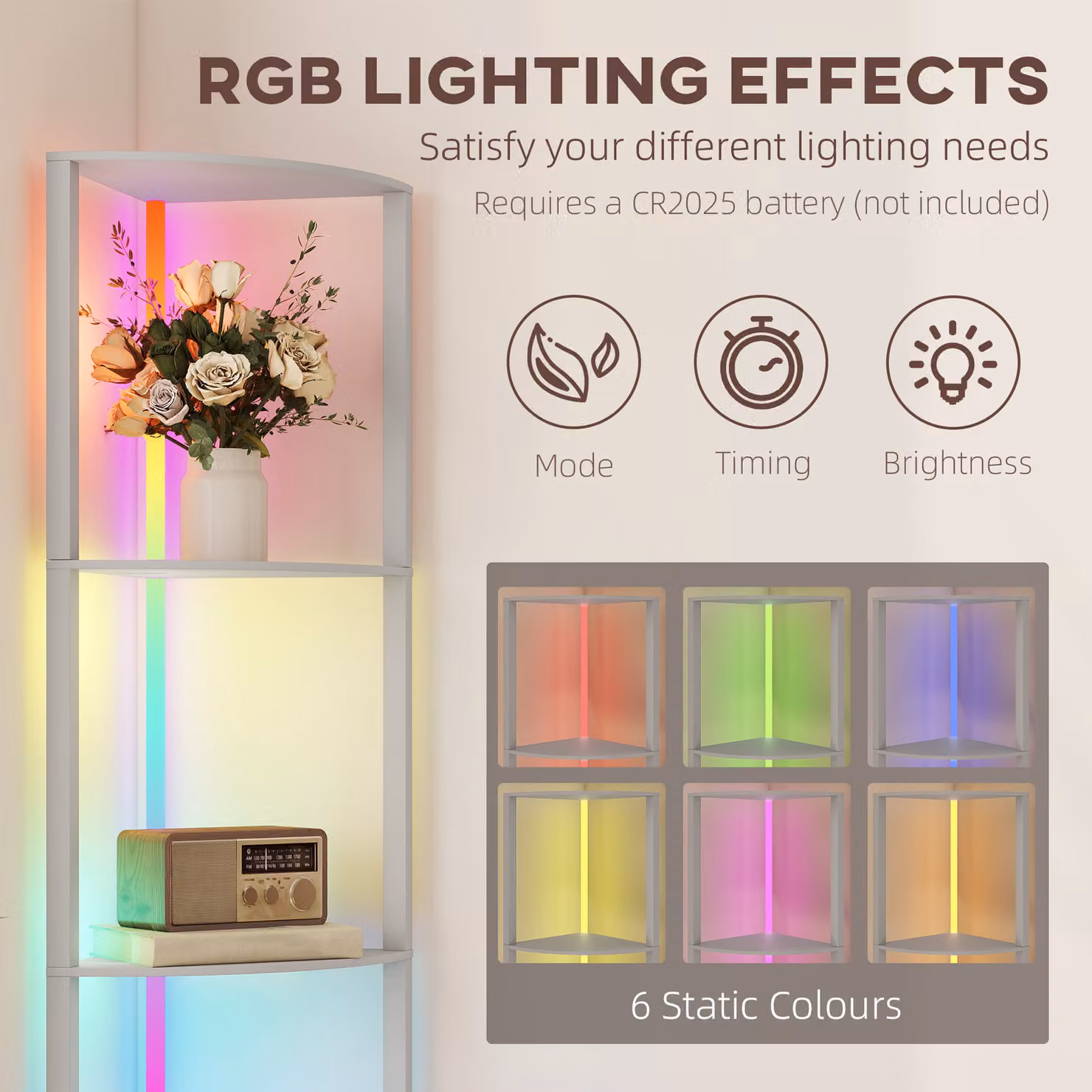HOMCOM RGB LED Floor Lamp with 5-Tier Shelving, Dimmable Standing Lamp with Remote Control, Modern Grey Corner Display Unit – 3