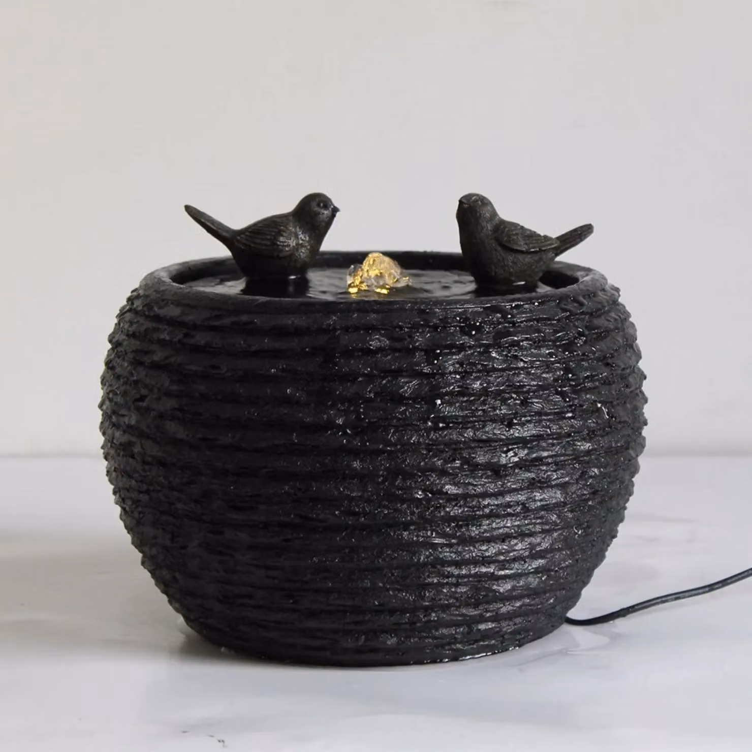 Primrose Black Solar Power Cascade Bathing Birds Water Feature with LED Lights, Diameter: 25 cm – 2