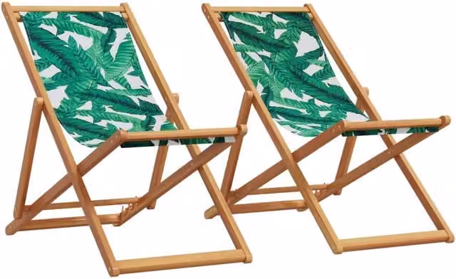 Berkfield Home Set of 2 Folding Beach Chairs in Green Leaf Pattern Fabric and Treated Hardwood – 1