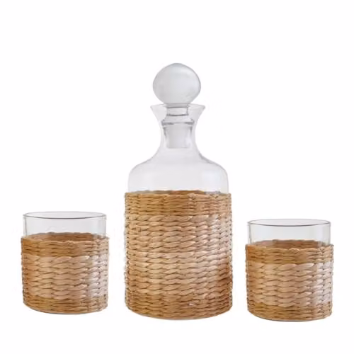 Orsina Rattan Wrapped Glass Decanter and Glasses Set in Transparent with Stopper, 1000ml – 1