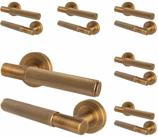 AFIT Antique Brass Knurled Round Rose Internal Door Handles, 6 Pairs, Bronze