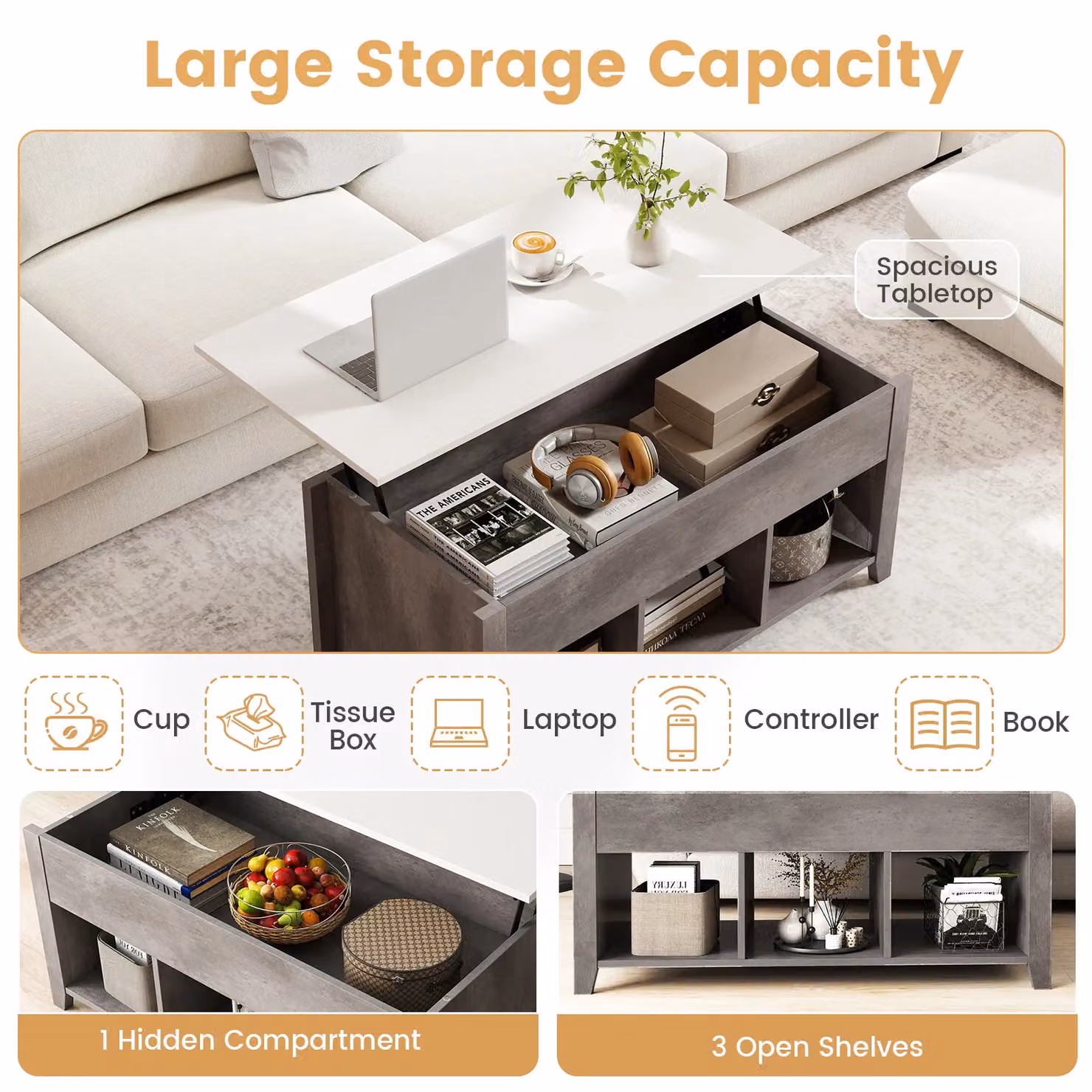 Gymax Grey Lift Top Coffee Table with Rising Mechanism – 6