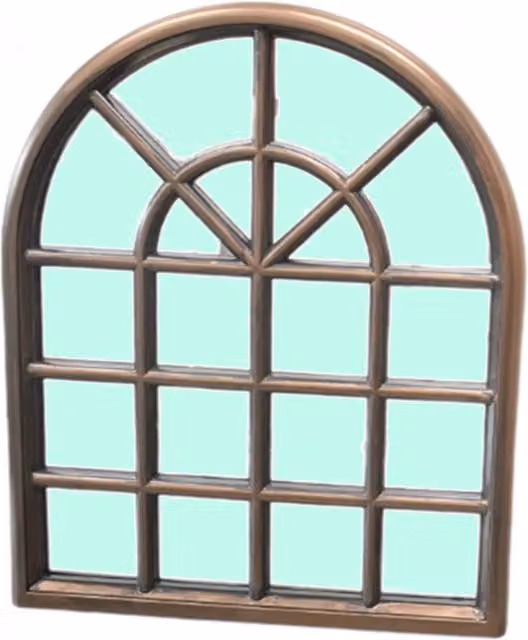 Biznest Window Style Arched Wall Mirror with Decorative Glass in Brown and Black