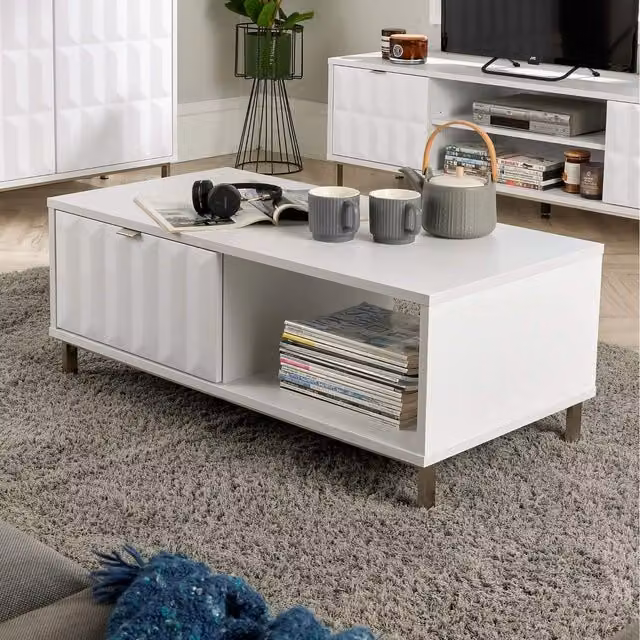 Home Source Siena Modern High Gloss 1 Drawer Coffee Table Storage Unit in White