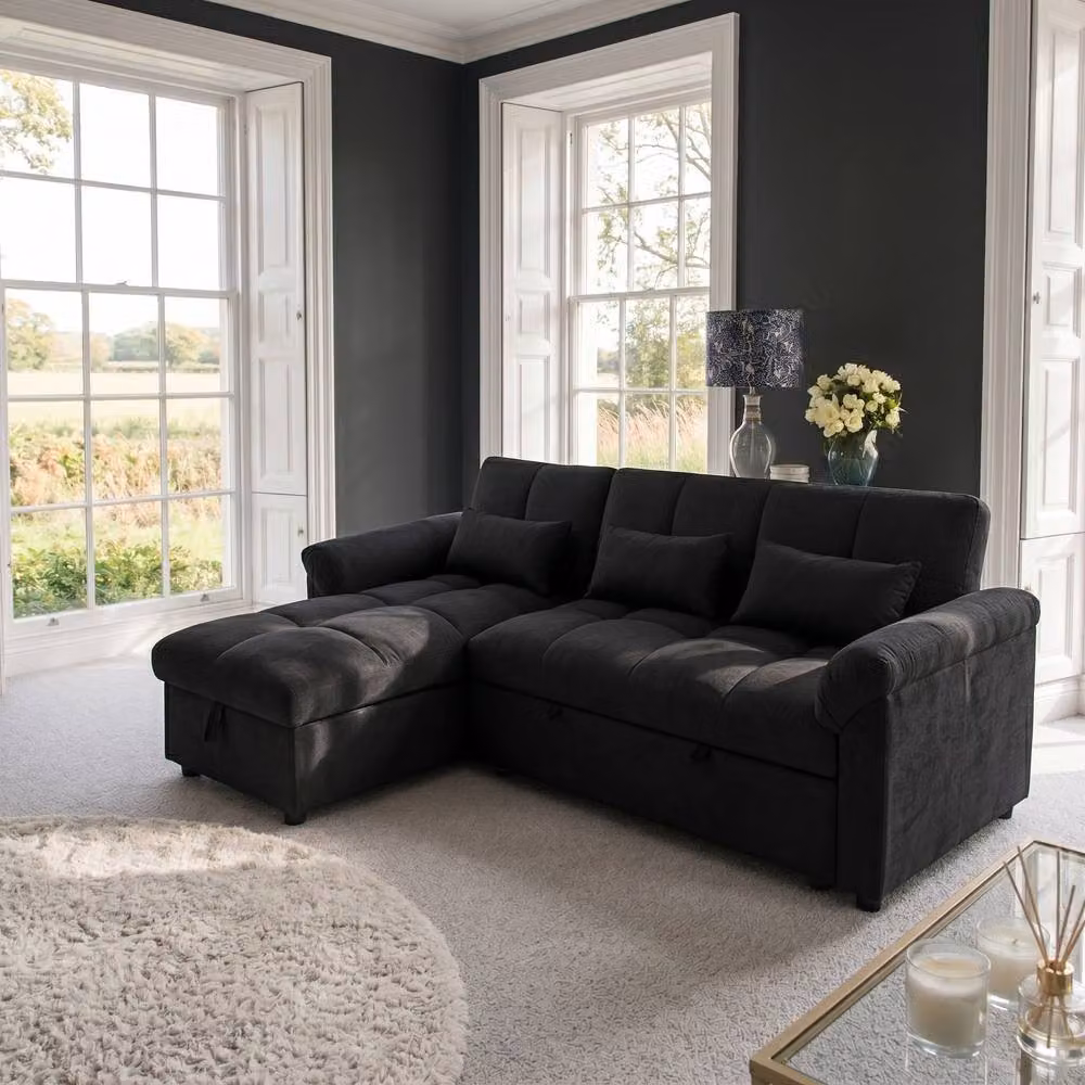 Sofaya Arlo 3 Seater L-Shape Corner Chaise Sofa Bed in Black Fabric with Reversible Sleeping Function – 3