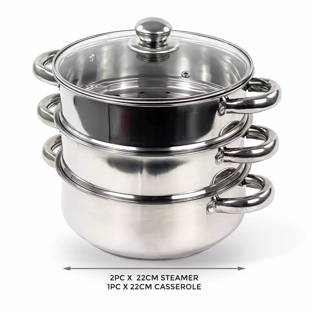 EONLION 3 Tier Stainless Steel Steamer Pot with Glass Lid, Silver, Diameter: 22 cm – 2