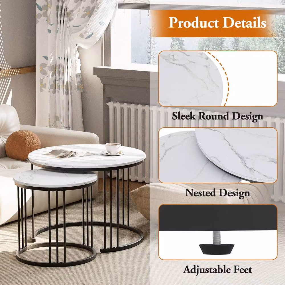 Huhote Set of 2 Modern Round Nesting Tables with White Marble Finish Top and Black or Gold Metal Frame – 5