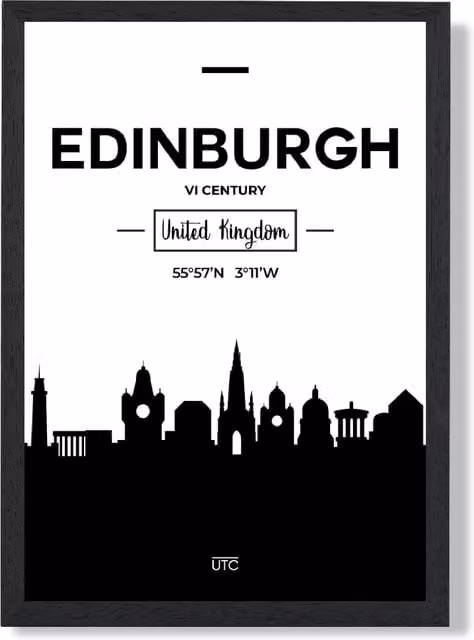 ARTZE Edinburgh Black and White City Skyline Framed Print, A4, Black Frame