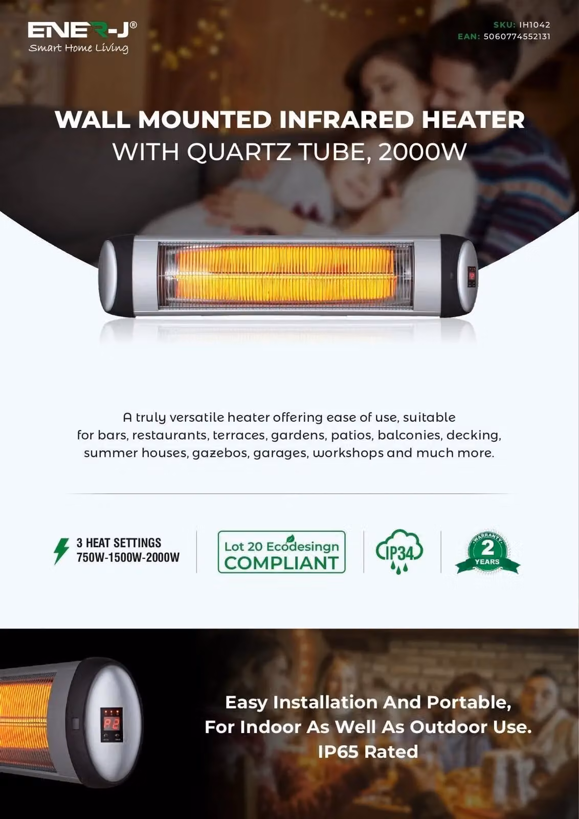 ENER-J Wall Mounted 2000W Quartz Tube Infrared Heater, Black – 5