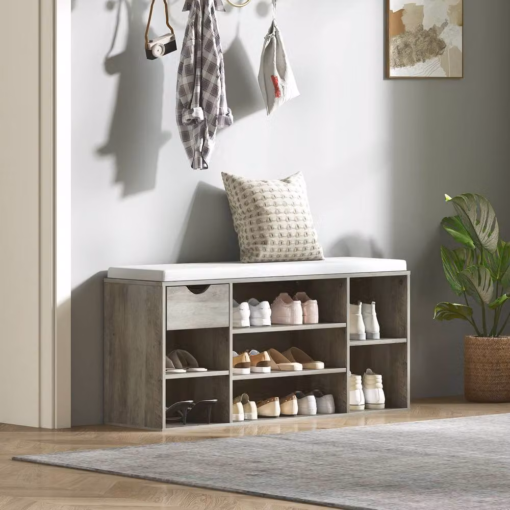 STILVORA Grey Fabric Shoe Storage Bench with Cushion – 5