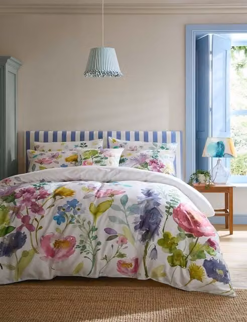 Bluebellgray Tetbury Pure Cotton Mako Satin Bedding Set with Pillowcase, White Mix Floral Design, 200 x 200 cm