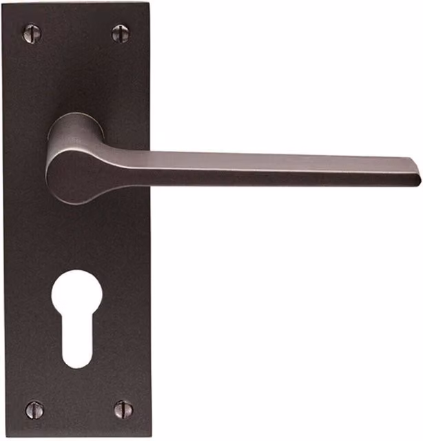 Loops Pair of Flat Straight Handle on Slim Euro Lock Backplate, Matt Bronze, W: 15 cm, H: 5 cm