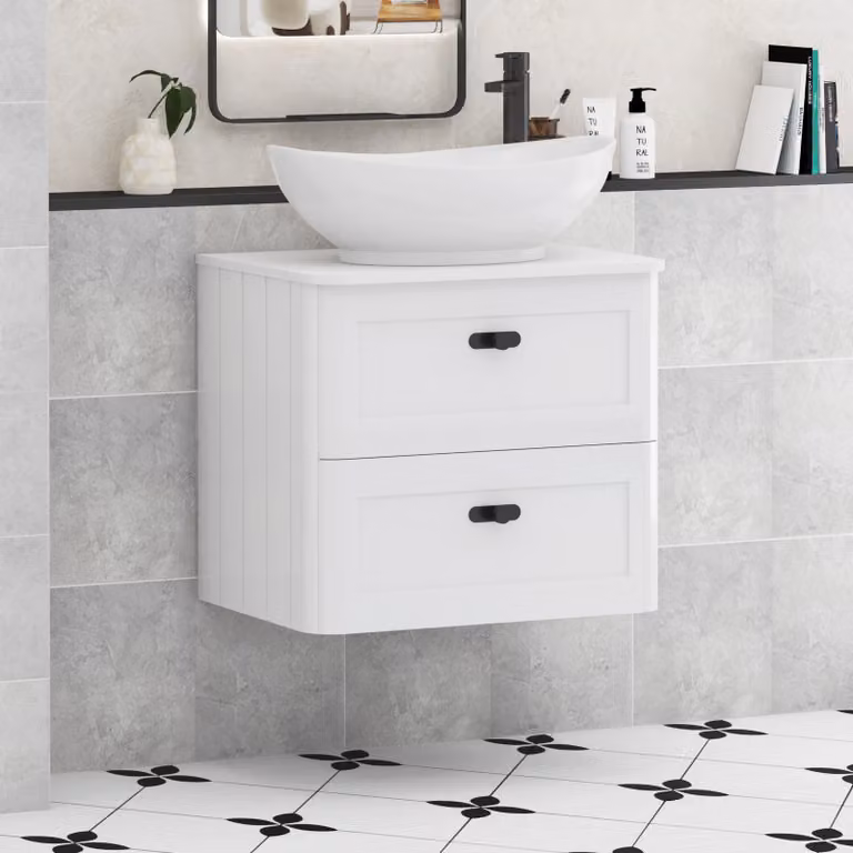 Royal Bathrooms Henley 600mm Gloss White Wall Hung Vanity Unit with 2 Drawers, Plain White Worktop, Amaze Basin and Matt Black Knob