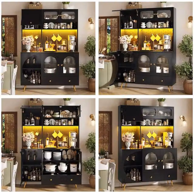 BTM Tall Kitchen Cabinet in Black with Glass Doors, LED Lighting and USB Ports, H 176 x W 61 x D 40 cm – 1