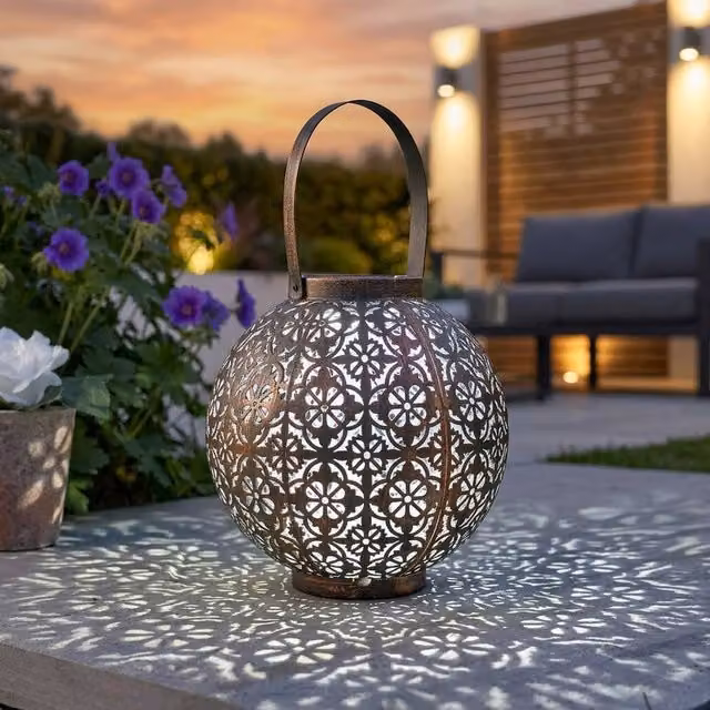 Garden Greatness Boulette Decorative Solar Silhouette Lantern in Bronze, H: 18.5 cm, W: 18.0 cm, D: 18.0 cm