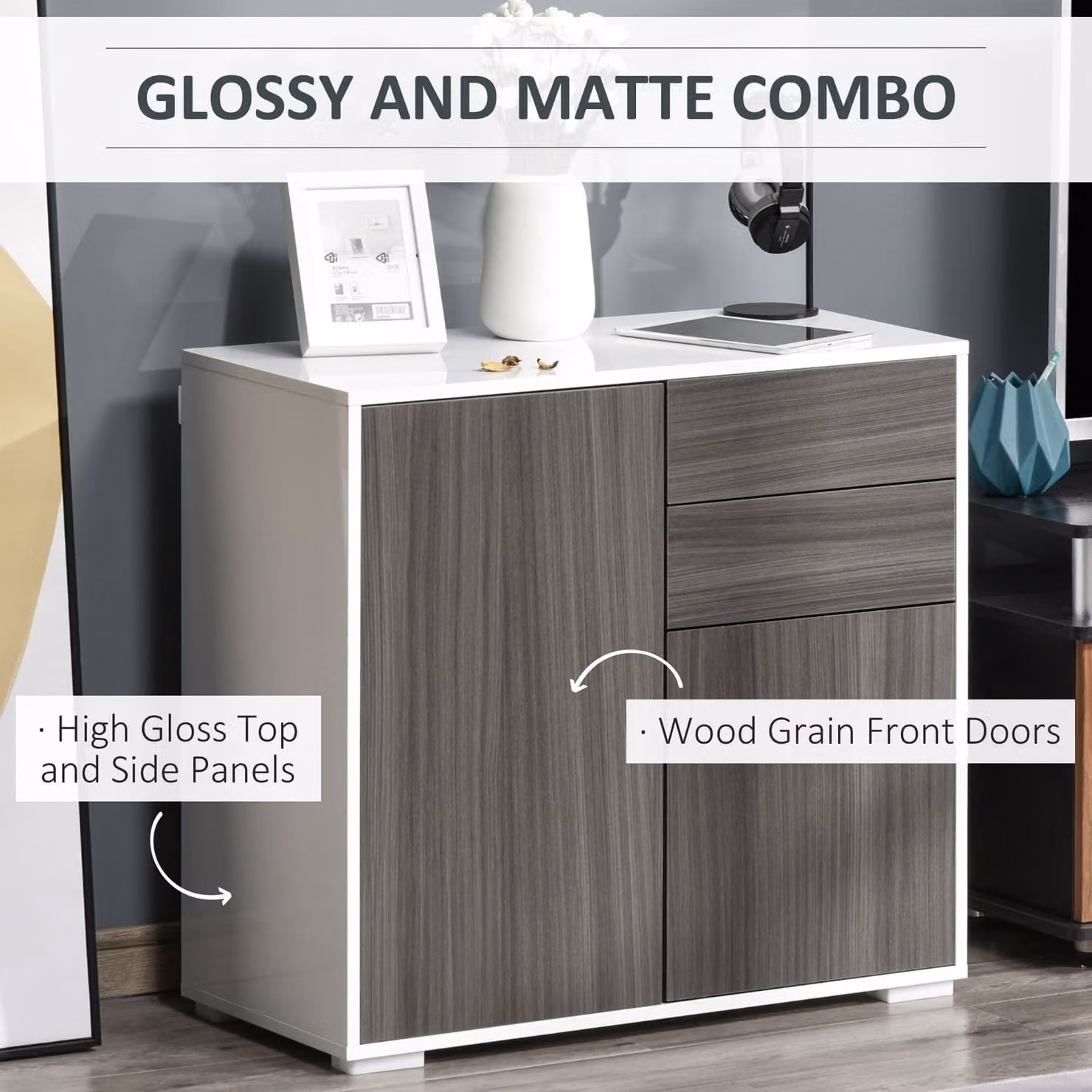 HOMCOM Modern Sideboard with 2 Drawers and 2 Doors in Light Grey and White – 4