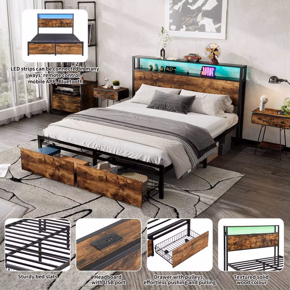 Merax Double Industrial Metal Bed Frame with Storage Drawers and LED Headboard in Black, W/D/H: 140 x 200 x 135.5 cm – 4