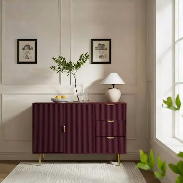 OHS Modern Ribbed Sideboard Cabinet with Drawers and Shelves in Matt Dark Red – 1