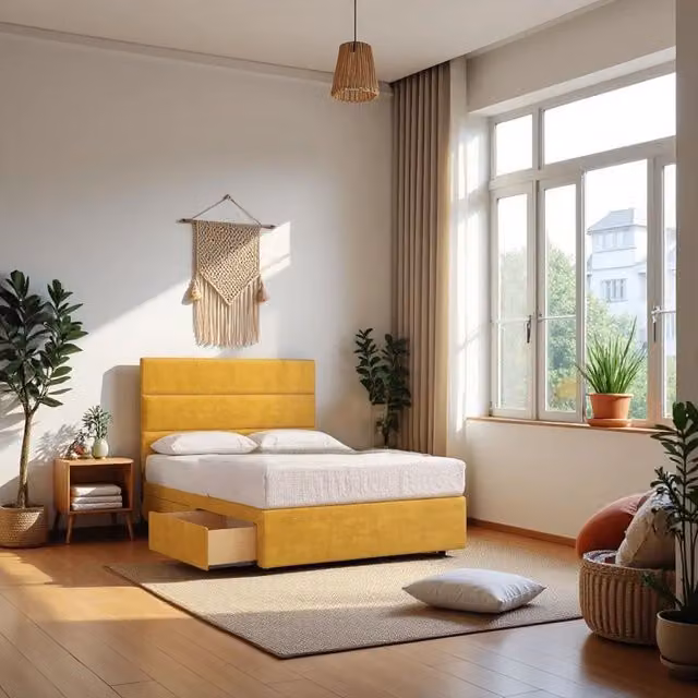 Knight Sleep York Plush Velvet Divan Storage Bed with 4 Drawers and Headboard in Yellow, W/D/H: 120 x 200 cm – 1