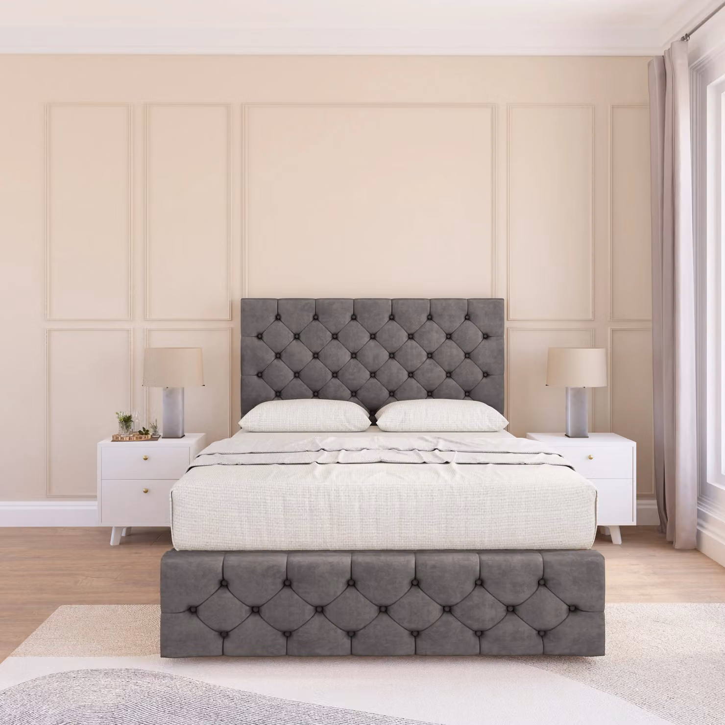 Sloomy Watson Chesterfield Divan Bed Base with Headboard and Footboard, Grey, W/D/H: 180 x 200 cm