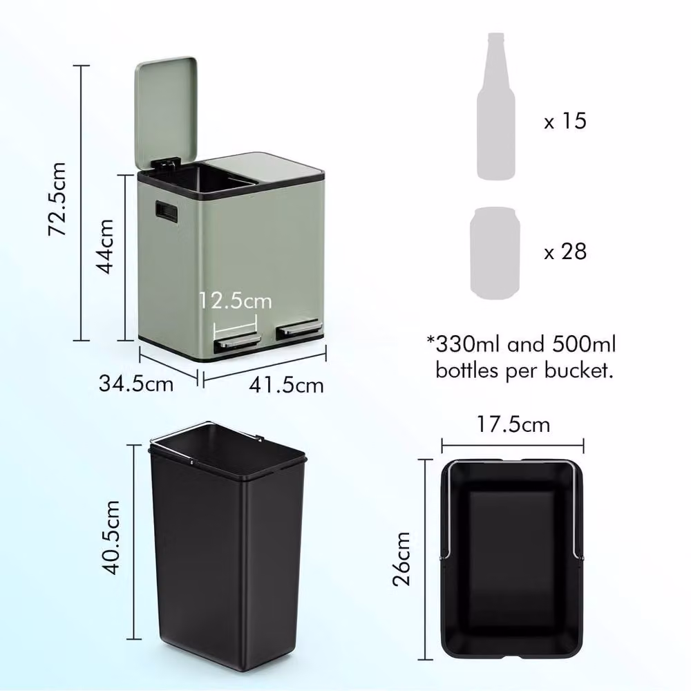NESTLUNE 30L Recycling Kitchen Bin with Double Compartments, Green, W/D/H: 44.0 x 34.5 x 41.5 cm – 2