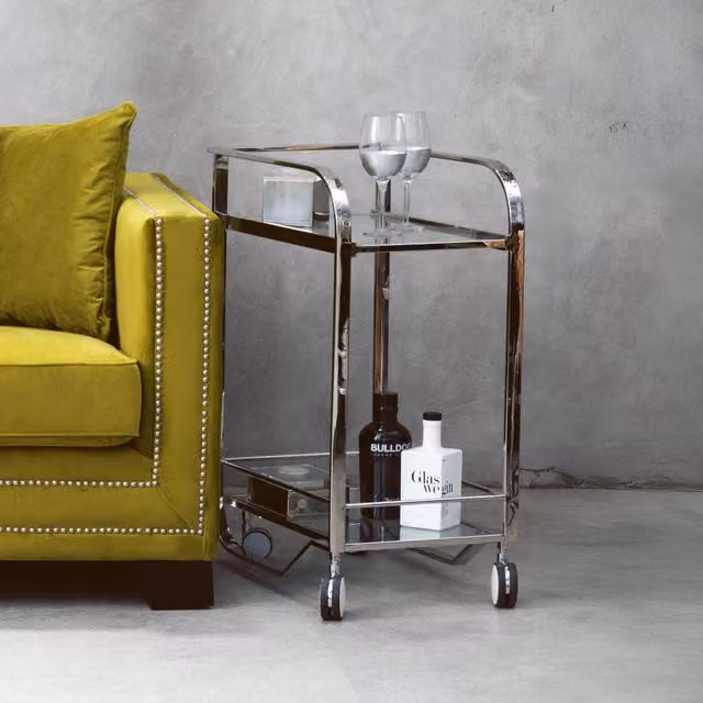 Fifty Five South Modern 2 Tier Glass and Metal Serving Trolley in Silver