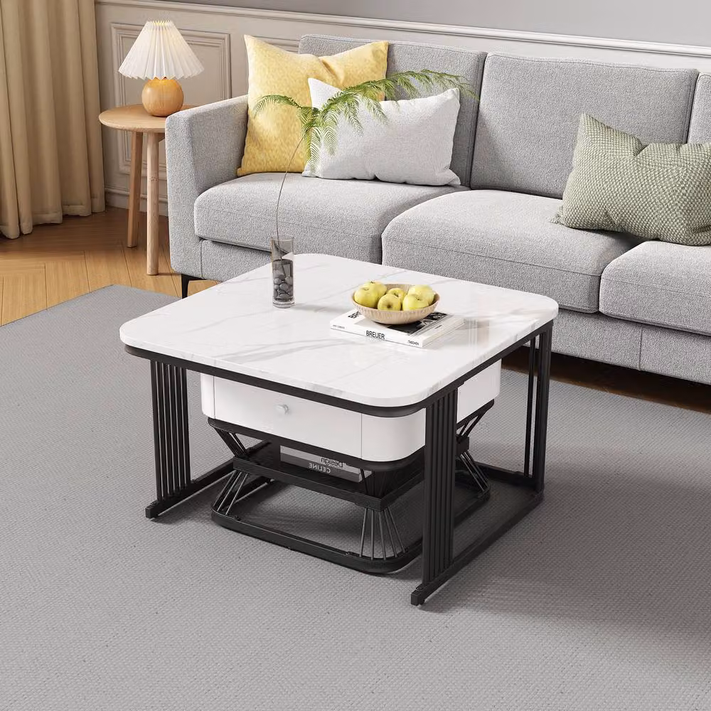 Merax White Marble Effect Nesting Coffee Table Set of 2 with Drawer and Shelf – 3