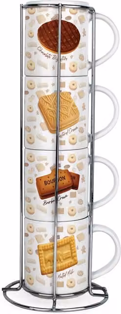 Purely Home Set of 4 Stackable Ceramic Mugs with Metal Stand, Multicoloured and White