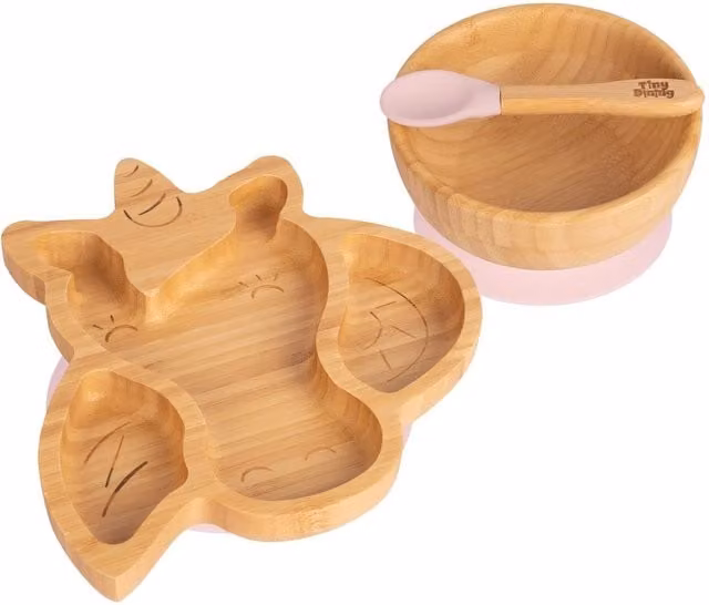 Tiny Dining 3-Piece Bamboo and Silicone Unicorn Suction Feeding Set in Light Pink