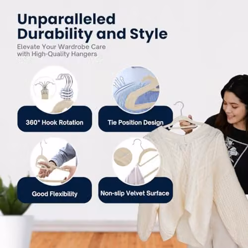 Sasha Morel 20 Pack Non-Slip Velvet Coat Hangers with Swivel Hooks and Space-Saving Design in Beige – 5