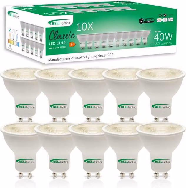 BELL Lighting Dimmable GU10 LED Spotlight Bulbs, 4.4W, 350lm, Warm White 2700K, Pack of 10 – 1