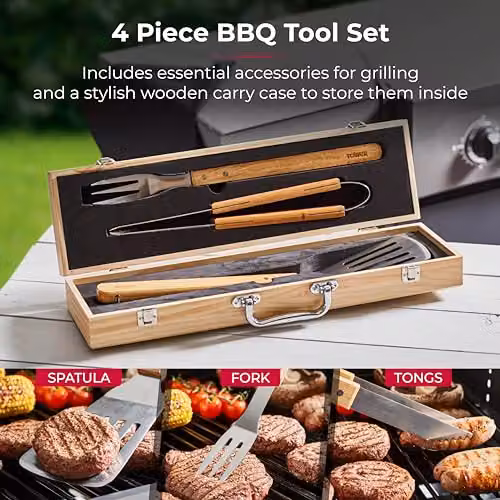 Tower 4 Piece Stainless Steel Barbecue Tool Set with Wooden Handles in Silver and Brown – 5