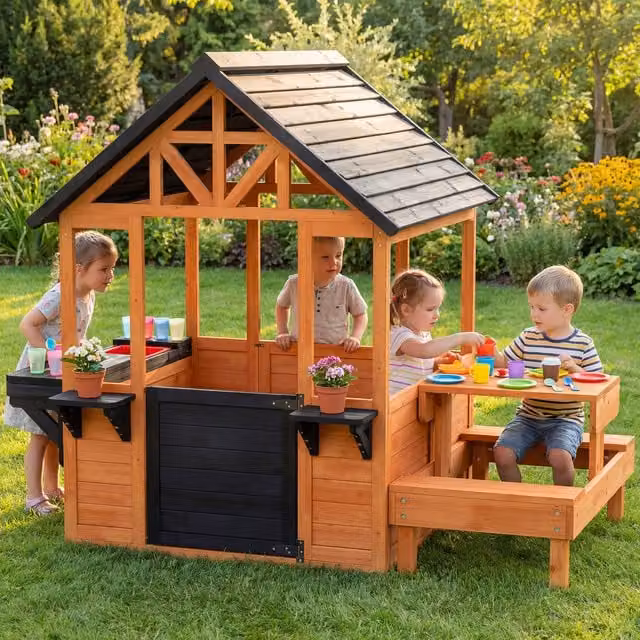 AIYAPLAY Wooden Playhouse for Kids with Table, Benches and Sink, Brown