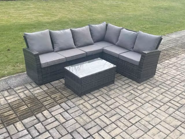Fimous Dark Grey Rattan Corner Sofa Set with Rectangular Coffee Table and Upholstered Cushions