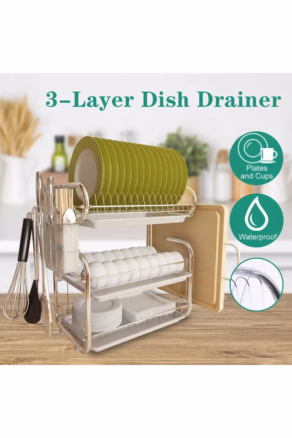 Living and Home 3-Tier Stainless Steel Metal Dish Drainer Rack with Drip Tray in White – 2