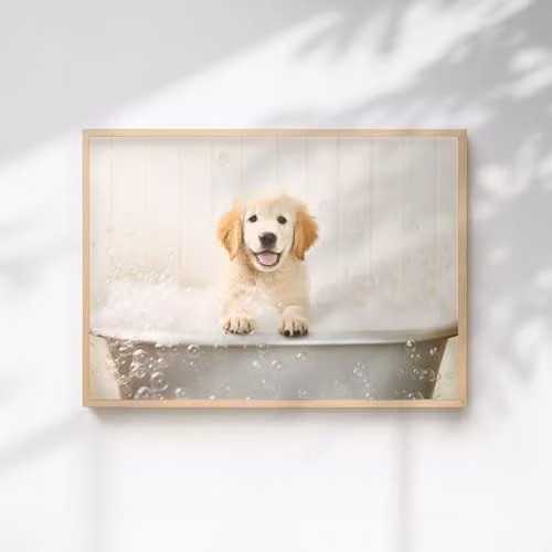 60 Second Makeover Golden Retriever In The Bath Quirky Animal Print Paper Poster, A4