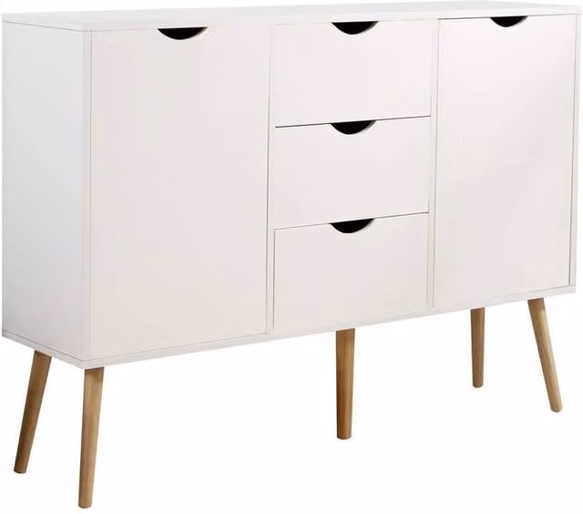 FORGEVIO Modern White Sideboard Storage Cabinet with 2 Doors, 3 Drawers and Wood Legs – 1