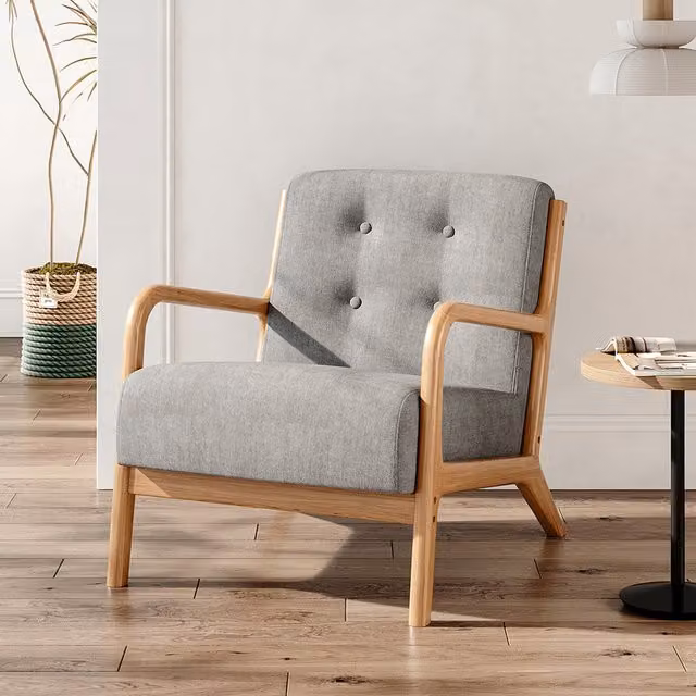 Livingandhome Retro Fabric Upholstered Armchair with Solid Wood Frame and Button Detailing in Grey or Yellow