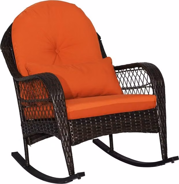 Costway Outdoor Patio Rattan Rocker with Armrests and Cushions in Orange
