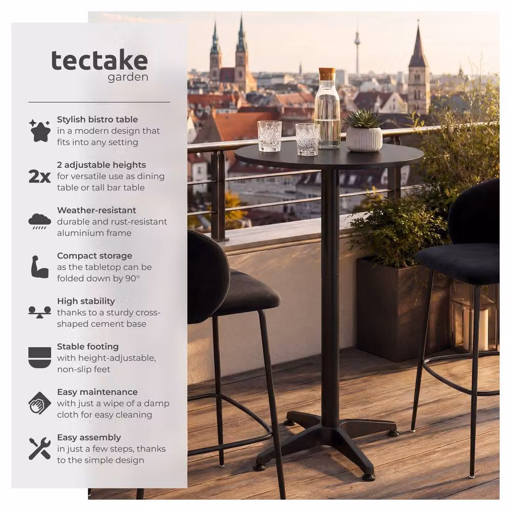 tectake Viktor Aluminum Bistro Table in Black, Foldable and Height-Adjustable, Diameter: 60 cm – 2