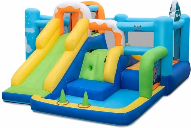 Costway 7-in-1 Jumbo Inflatable Bounce Castle with Slide and Safety Net, Blue and Multicolour
