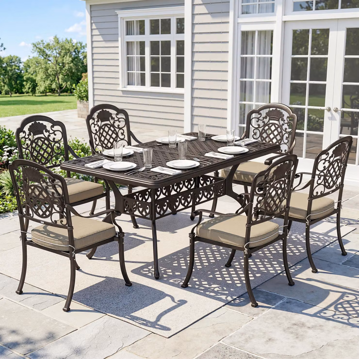 Outsunny Garden Dining Set for 6, Bronze Tone Powder Coated Aluminium Rectangular Table and Chairs with Floral Cushions and Parasol Hole – 2