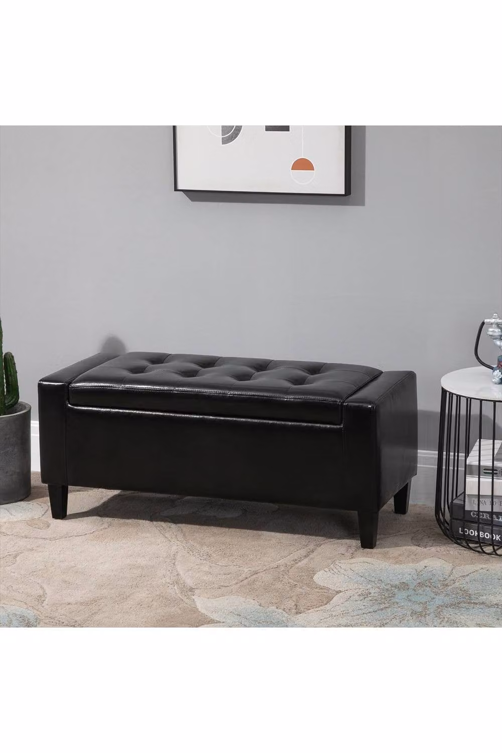 ERGOVEXA Tufted PU Leather Storage Ottoman Bench in Black, W: 150.0 cm, D: 40.0 cm, H: 40.0 cm – 3