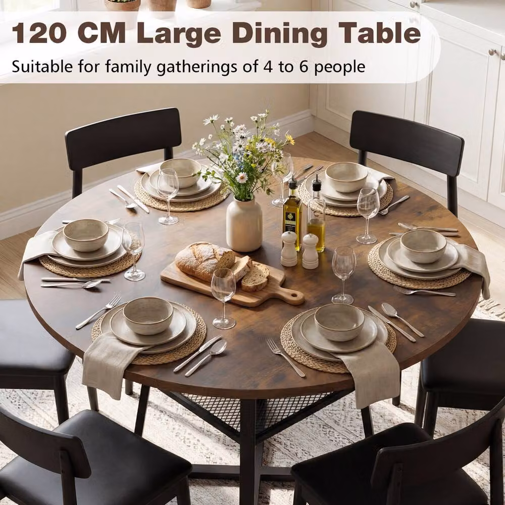 Gymax Industrial Round Dining Table in Brown with Rubberwood Top and Metal Legs, Diameter: 120 cm – 2