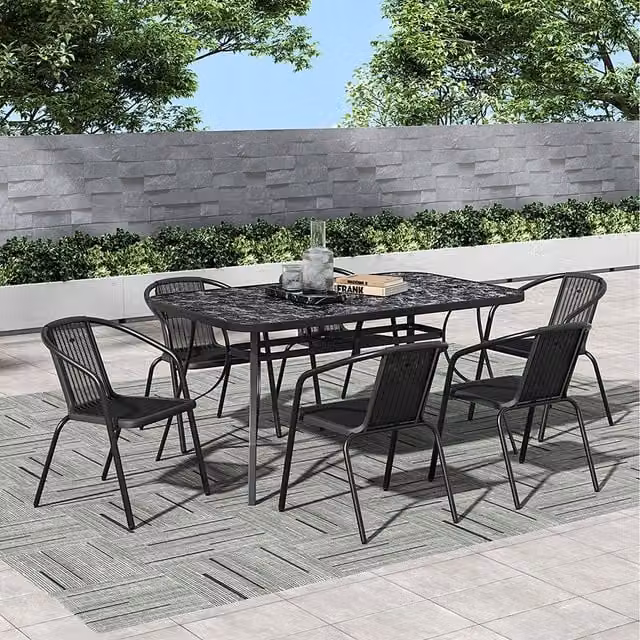 Breeins Black Rectangular Tempered Glass Dining Table with 6 PE Rattan Chairs