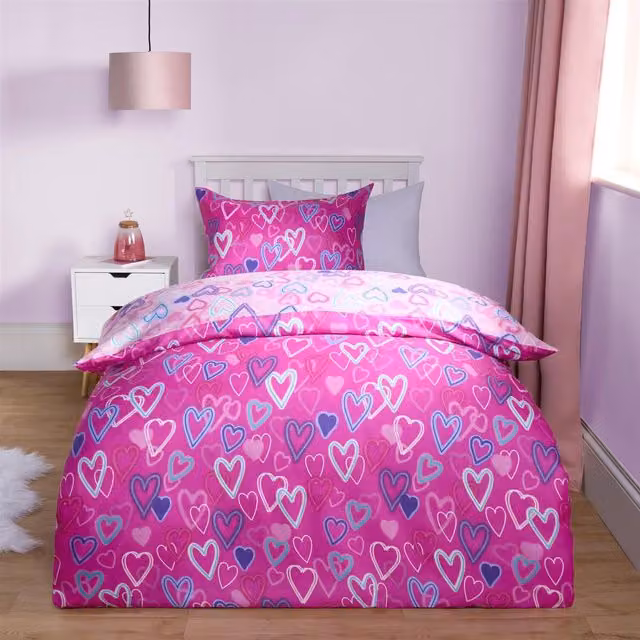 OHS Graphic Hearts Reversible Childrens Duvet Cover Set, Pink, W: 140 cm, L: 200 cm