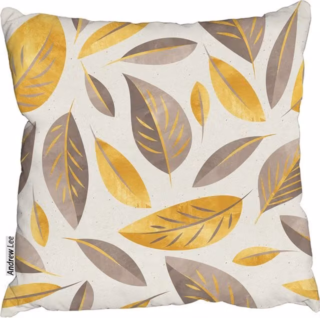 Andrew Lee Botanical Gold and Purple Leaf Square Cushion in Yellow, W: 60 cm x H: 60 cm