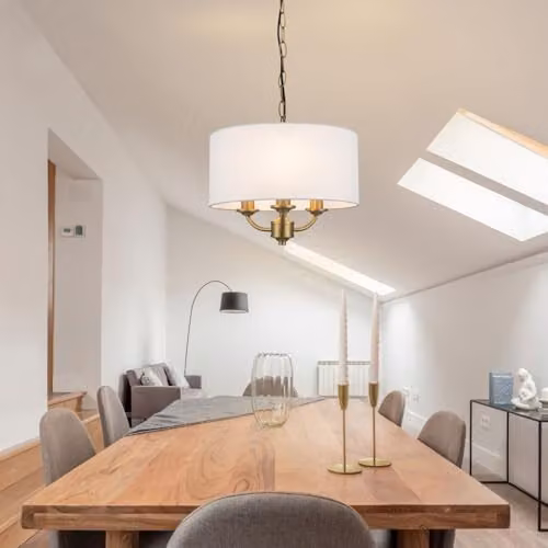 Cosylyte Winston 3 Light Classic Faux Linen Pendant Light, Brass and Beige, W/D/H: 32 x 32 x 100 cm – 2