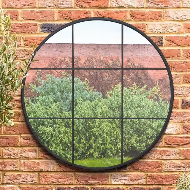 MirrorOutlet Circulus Modern Round Metal Frame Garden Wall Mirror, Black, Diameter: 100 cm