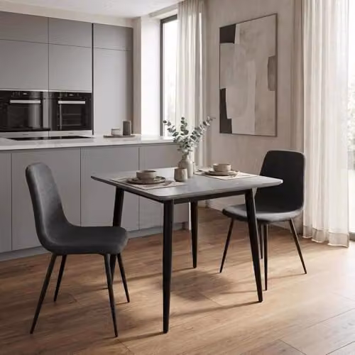 FWStyle Evie Set of 2 Grey Fabric Dining Chairs with Black Metal Legs – 5